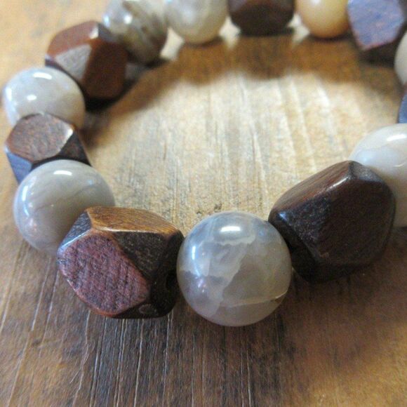 MERRISOTA JEWELRY Agate and Wood Stretch Bracelet Womens Sz 6 3/4" Gemstones NEW - Picture 1 of 6